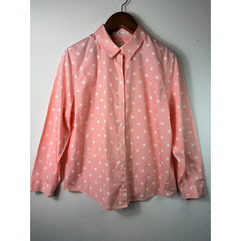 Chico's Women Button Down Shirt Red White Sz 3 Polka Dot Stripe No-Iron Preppy